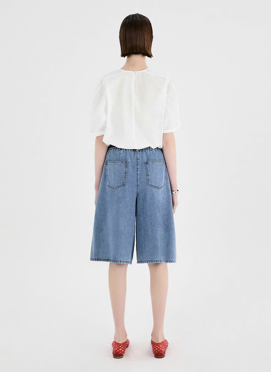 Áo sơ mi thô rayon, cổ tròn, đường may gân giữa