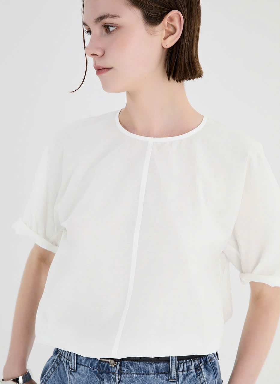 Áo sơ mi thô rayon, cổ tròn, đường may gân giữa