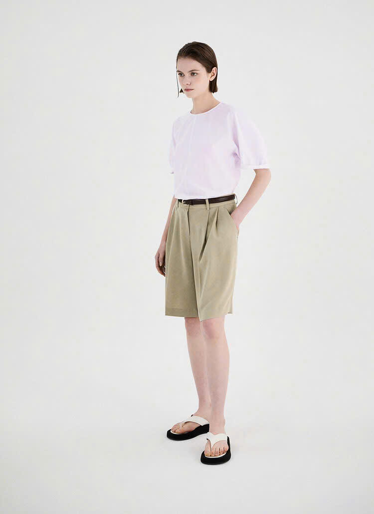 Áo sơ mi thô rayon, cổ tròn, đường may gân giữa