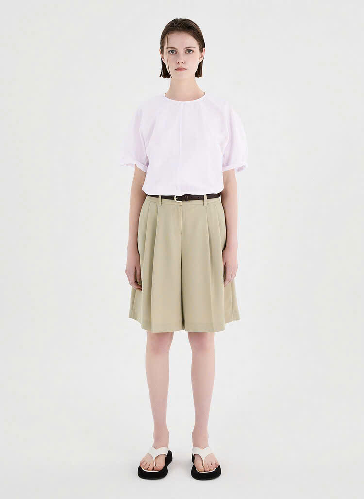 Áo sơ mi thô rayon, cổ tròn, đường may gân giữa