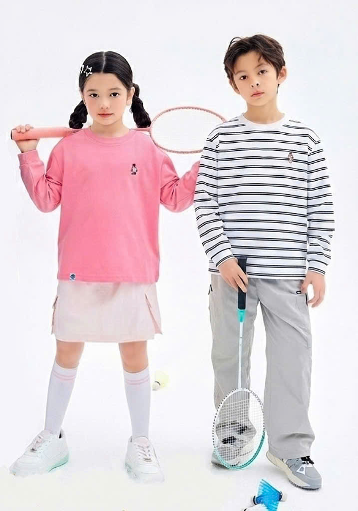 Áo thun dài tay kẻ, trơn bemoon, cổ tròn họa tiết gấu teddy