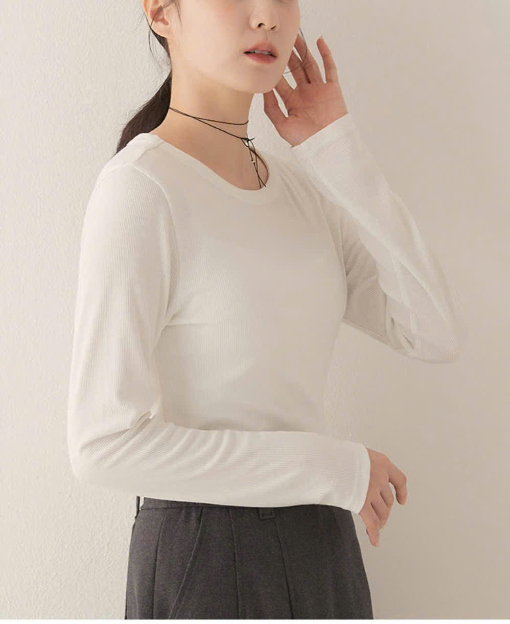 Áo thun tăm dài tay cổ tròn , xẻ cao 1 bên