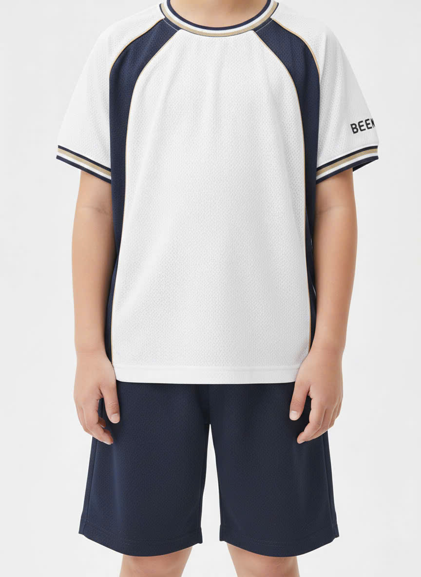 Bộ Beemon cổ tròn phối màu, trắng phối màu navy