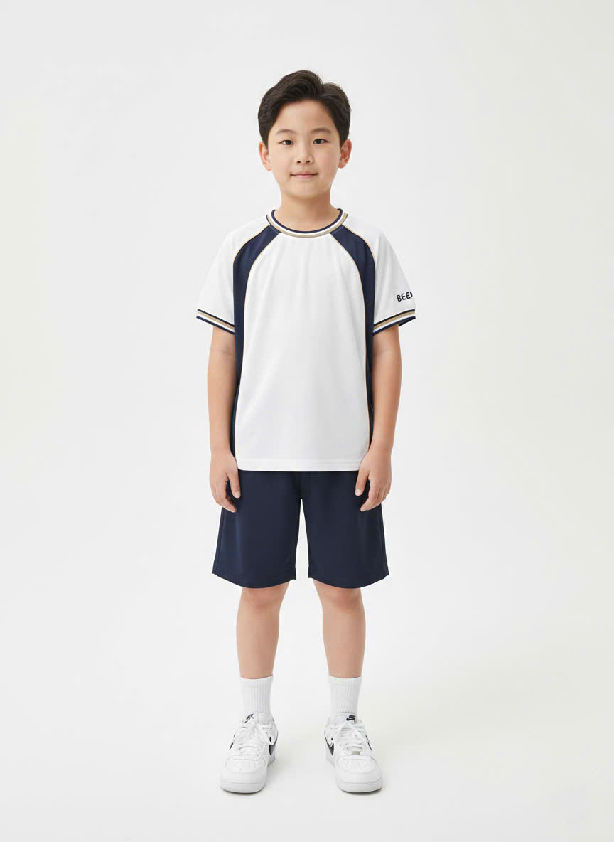 Bộ Beemon cổ tròn phối màu, trắng phối màu navy