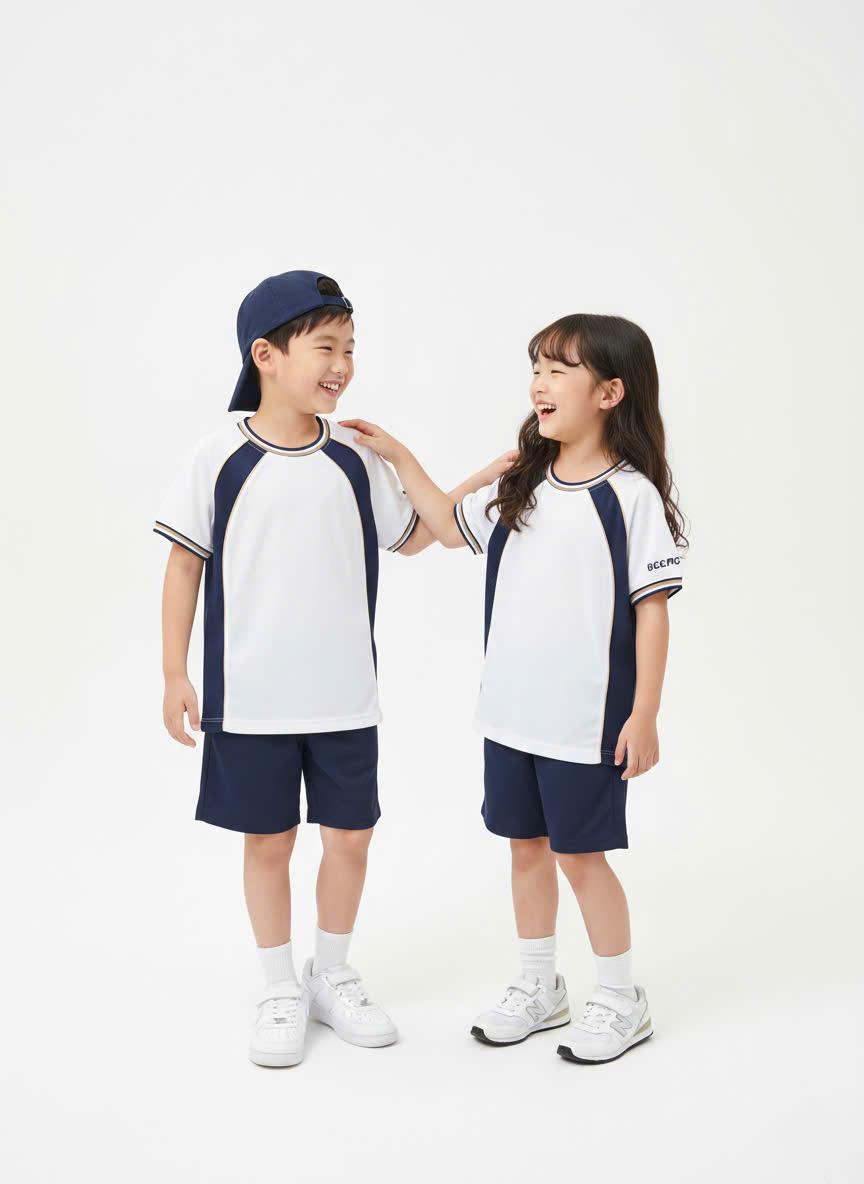 Bộ Beemon cổ tròn phối màu, trắng phối màu navy