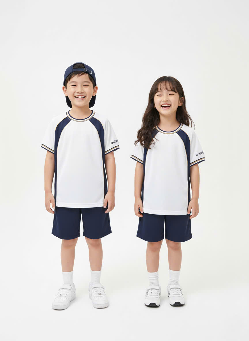 Bộ Beemon cổ tròn phối màu, trắng phối màu navy