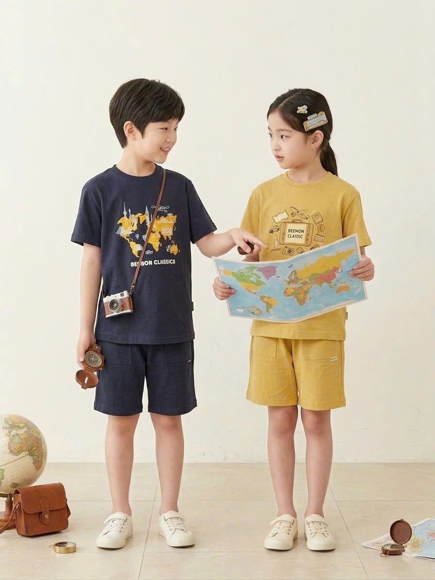 Bộ cotton Beemon co giãn 2 chiều, in hình trước, 4 màu