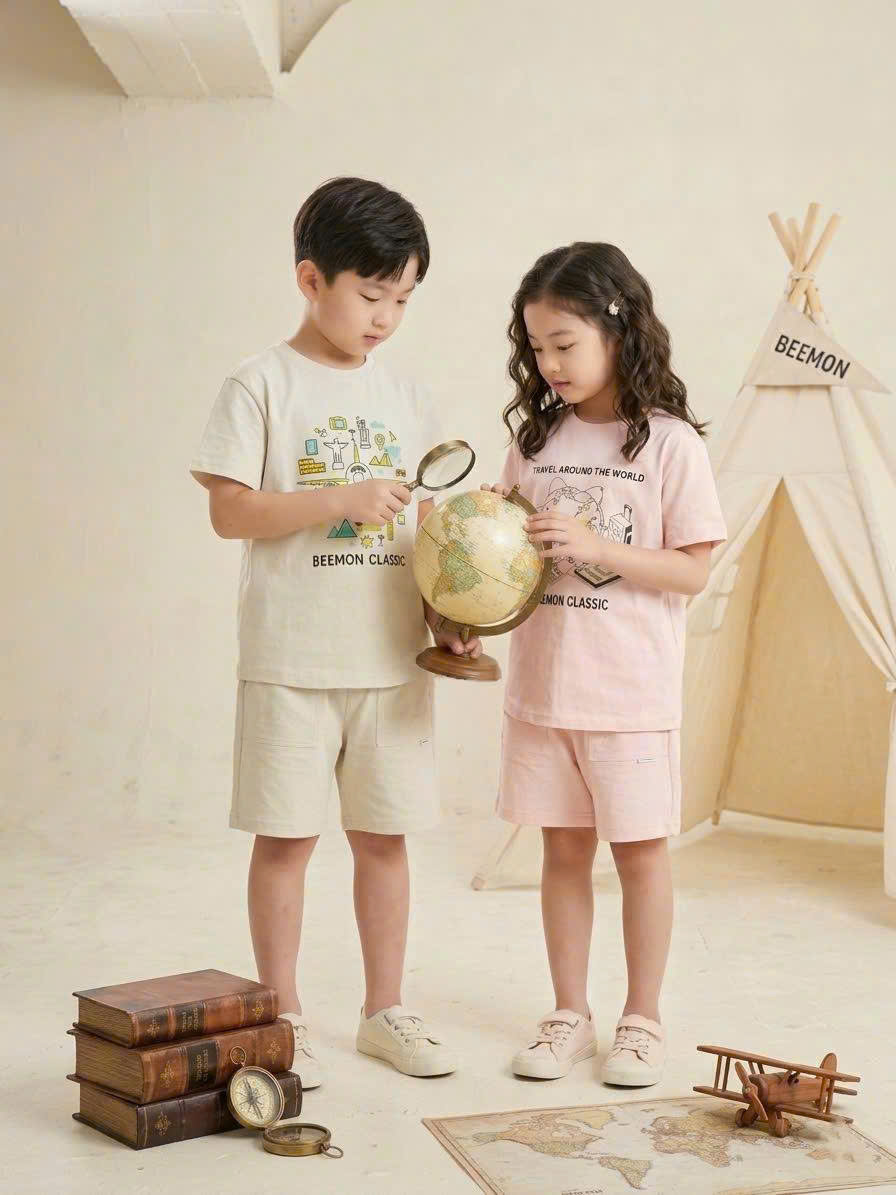 Bộ cotton Beemon co giãn 2 chiều, in hình trước, 4 màu
