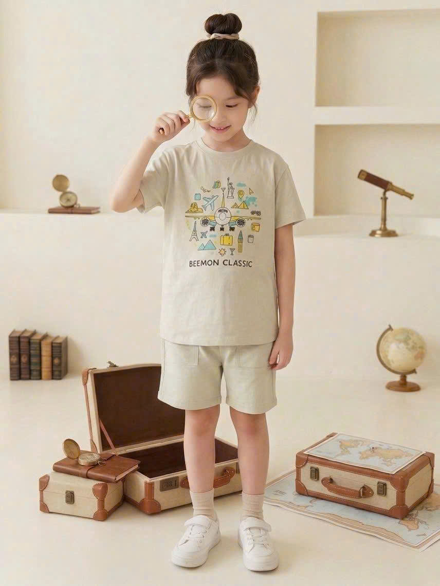 Bộ cotton Beemon co giãn 2 chiều, in hình trước, 4 màu