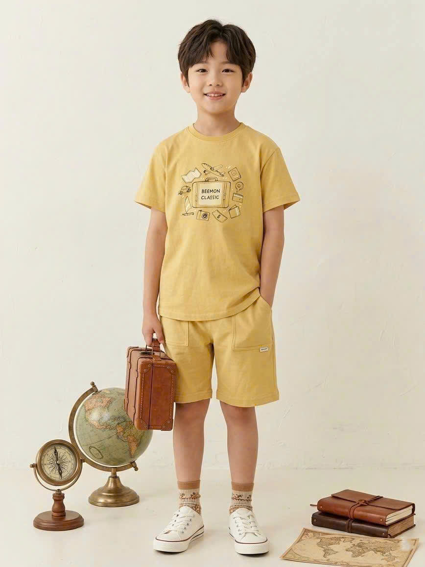 Bộ cotton Beemon co giãn 2 chiều, in hình trước, 4 màu
