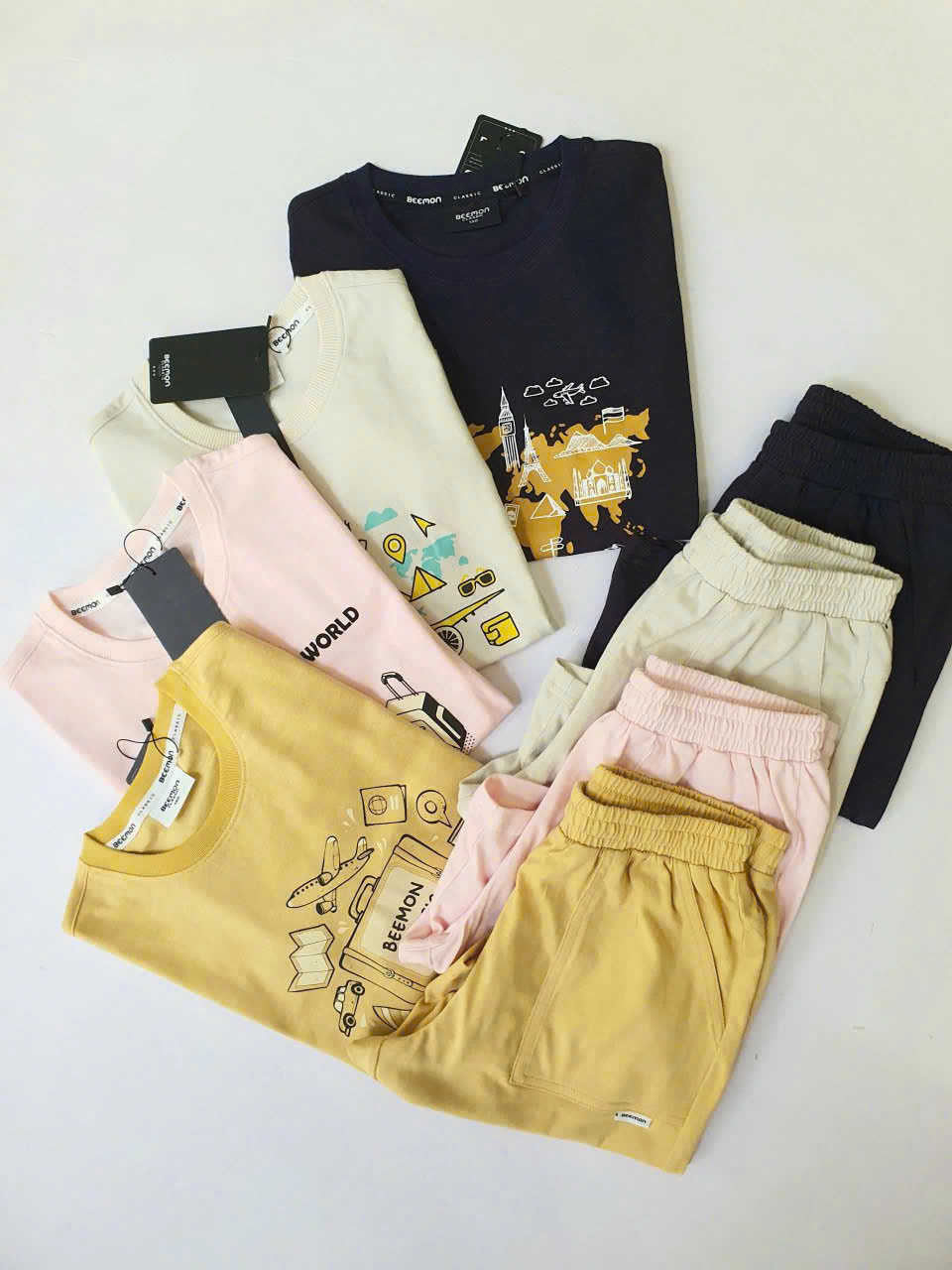 Bộ cotton Beemon co giãn 2 chiều, in hình trước, 4 màu