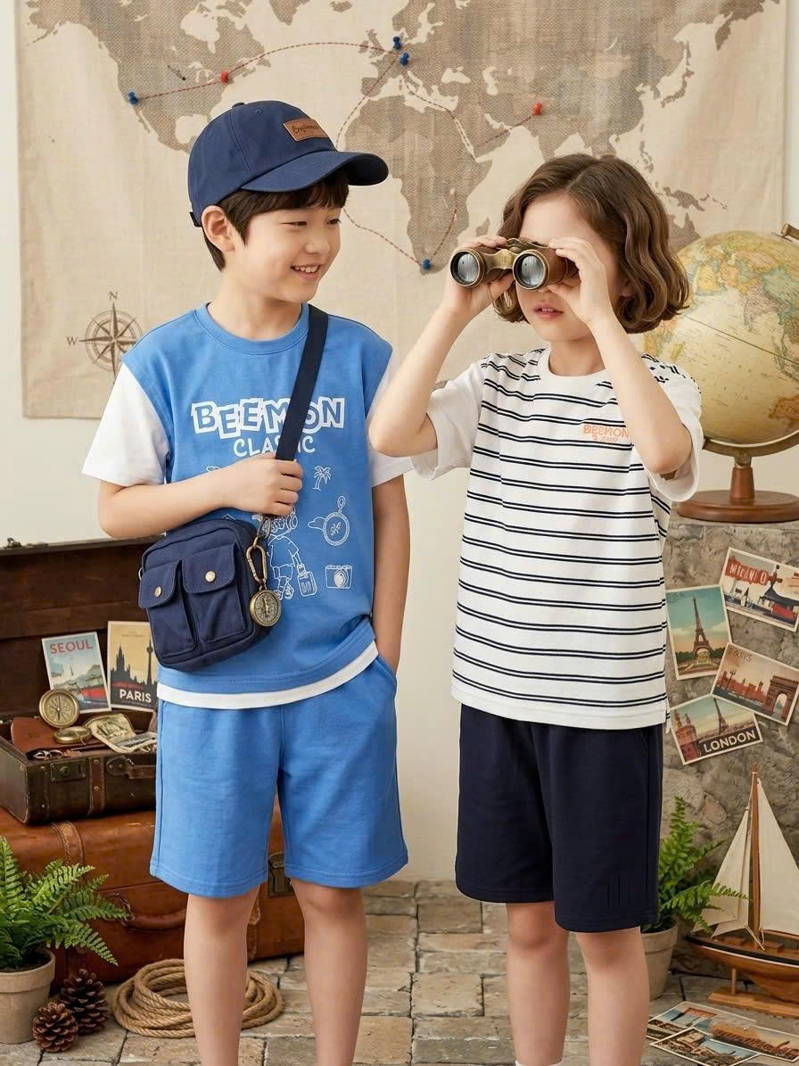 Bộ cotton dày dặn Beemon cho bé, phối màu tay