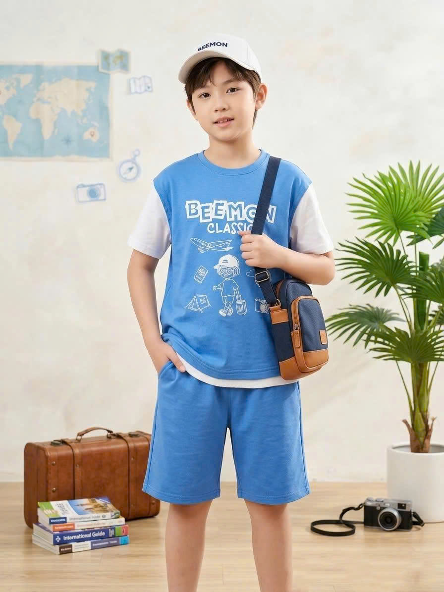 Bộ cotton dày dặn Beemon cho bé, phối màu tay