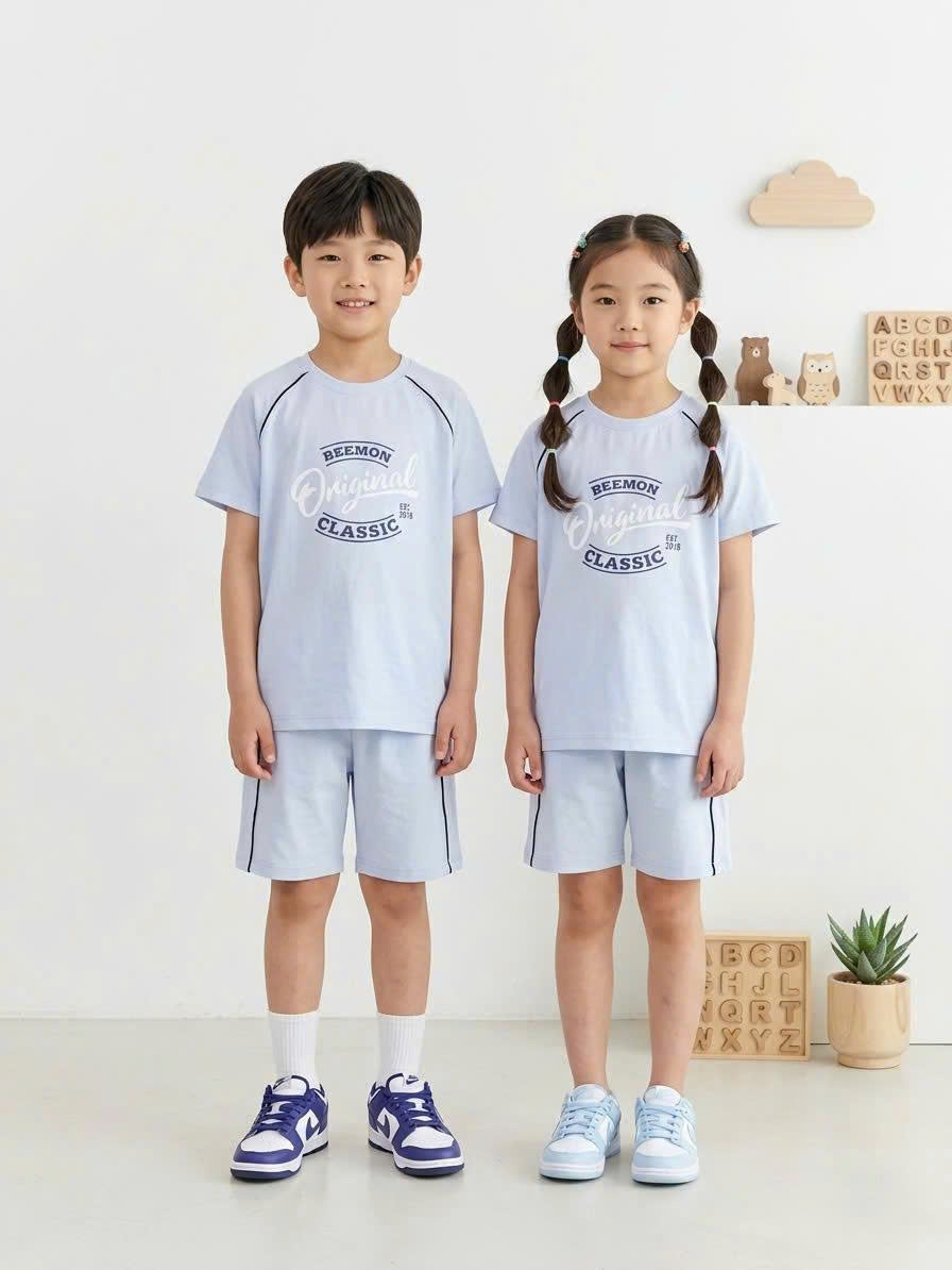 Bộ cotton thể thao Beemon cho bé, viền màu, in hình trước ngực