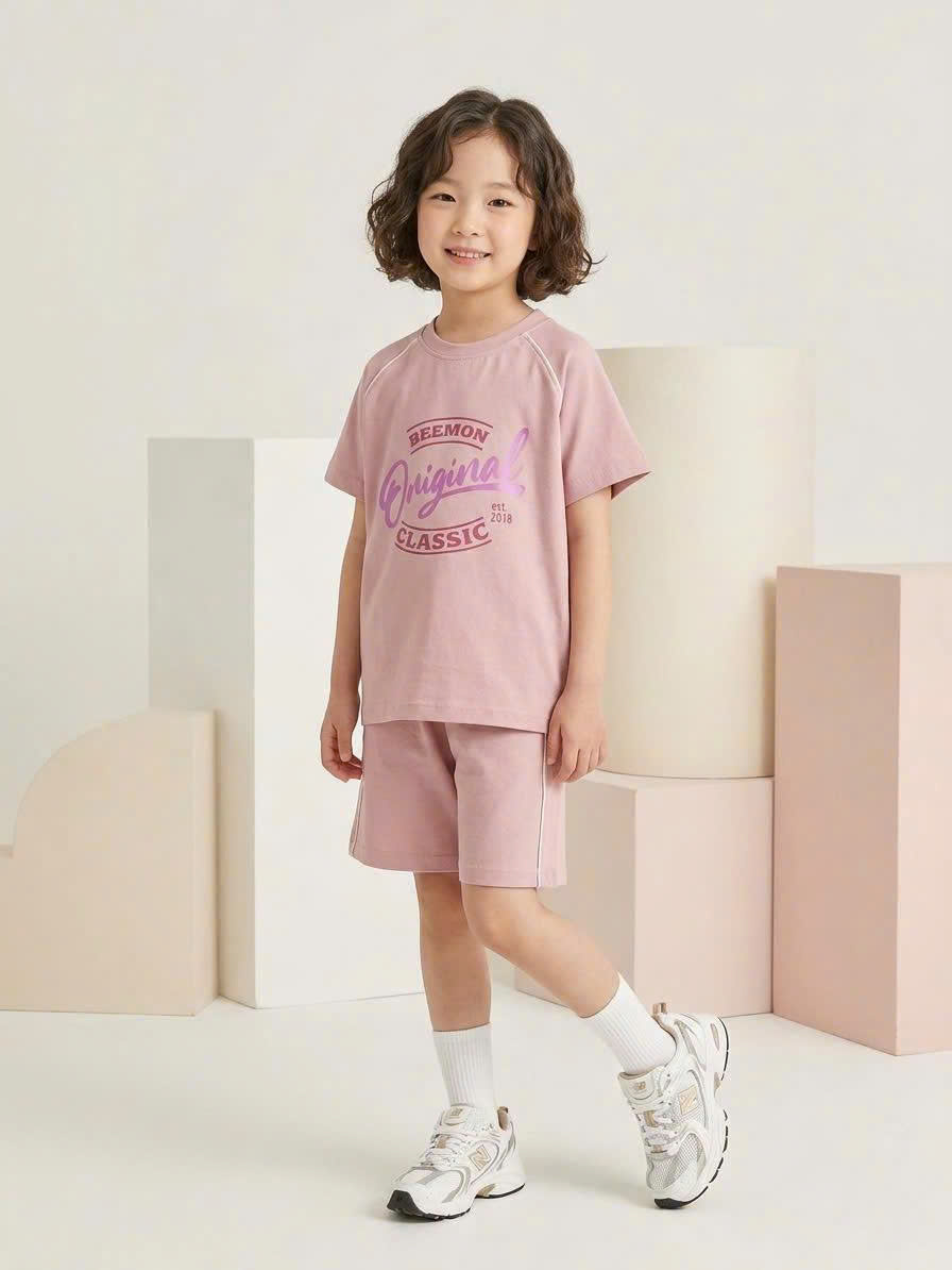 Bộ cotton thể thao Beemon cho bé, viền màu, in hình trước ngực