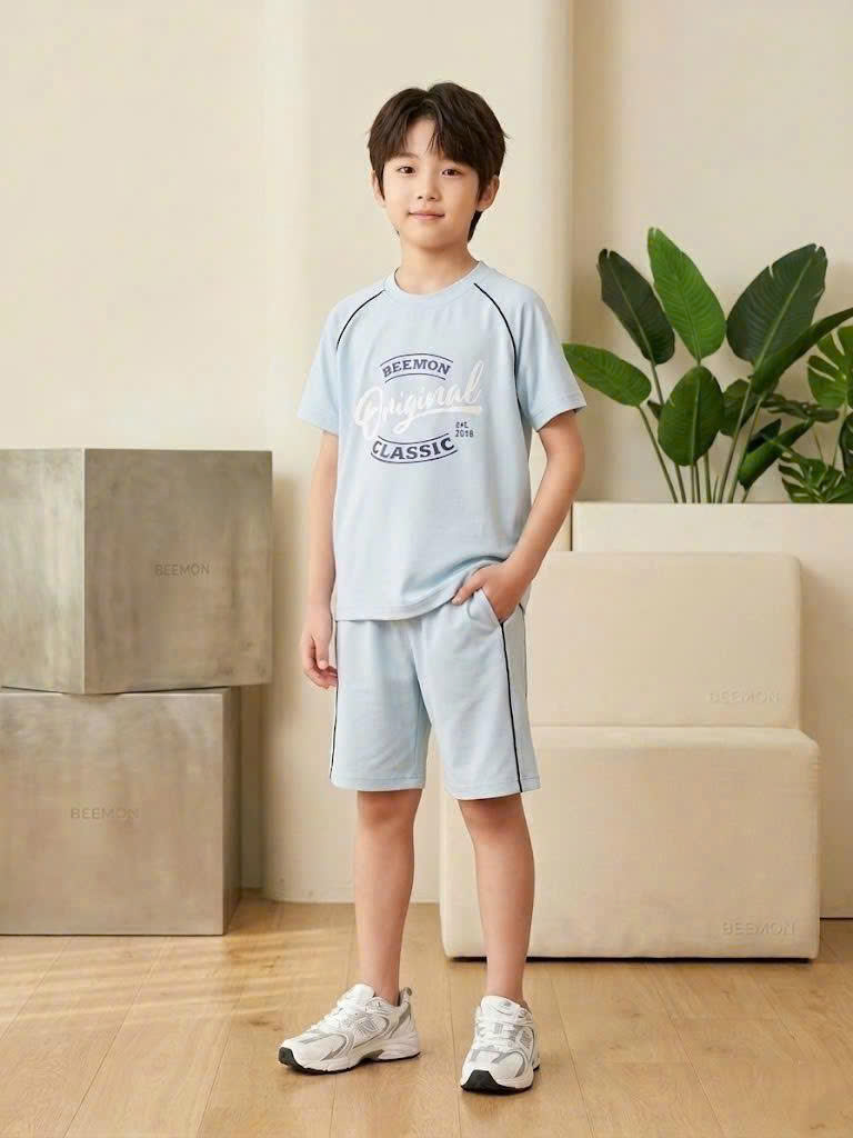 Bộ cotton thể thao Beemon cho bé, viền màu, in hình trước ngực