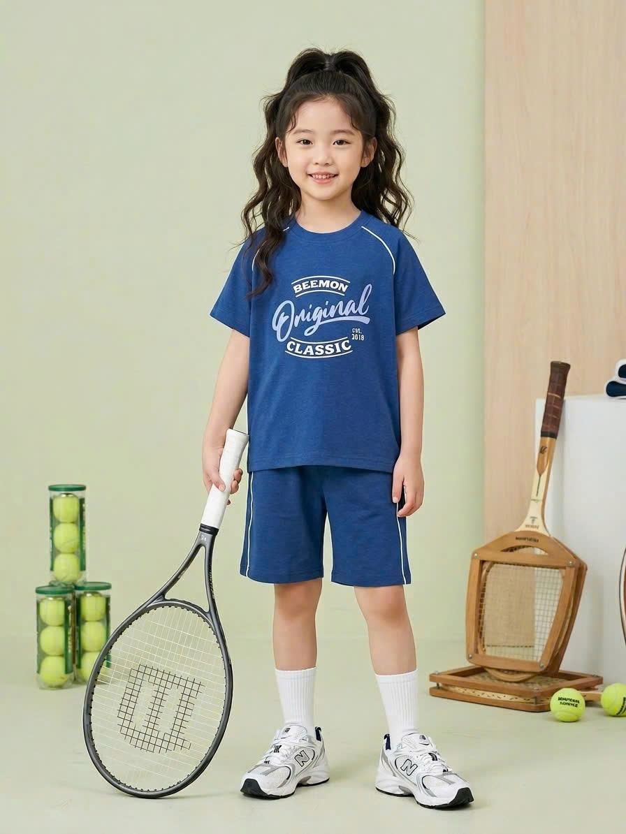 Bộ cotton thể thao Beemon cho bé, viền màu, in hình trước ngực