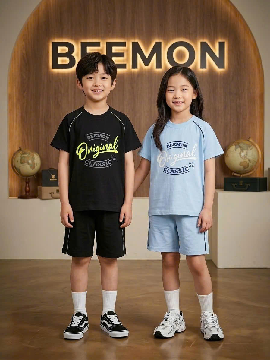 Bộ cotton thể thao Beemon cho bé, viền màu, in hình trước ngực