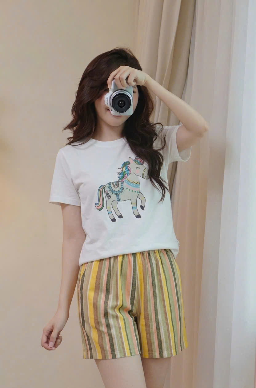 Bộ mặc nhà Beemon người lớn, 3 chi tiết, áo trắng, quần kẻ sọc vàng