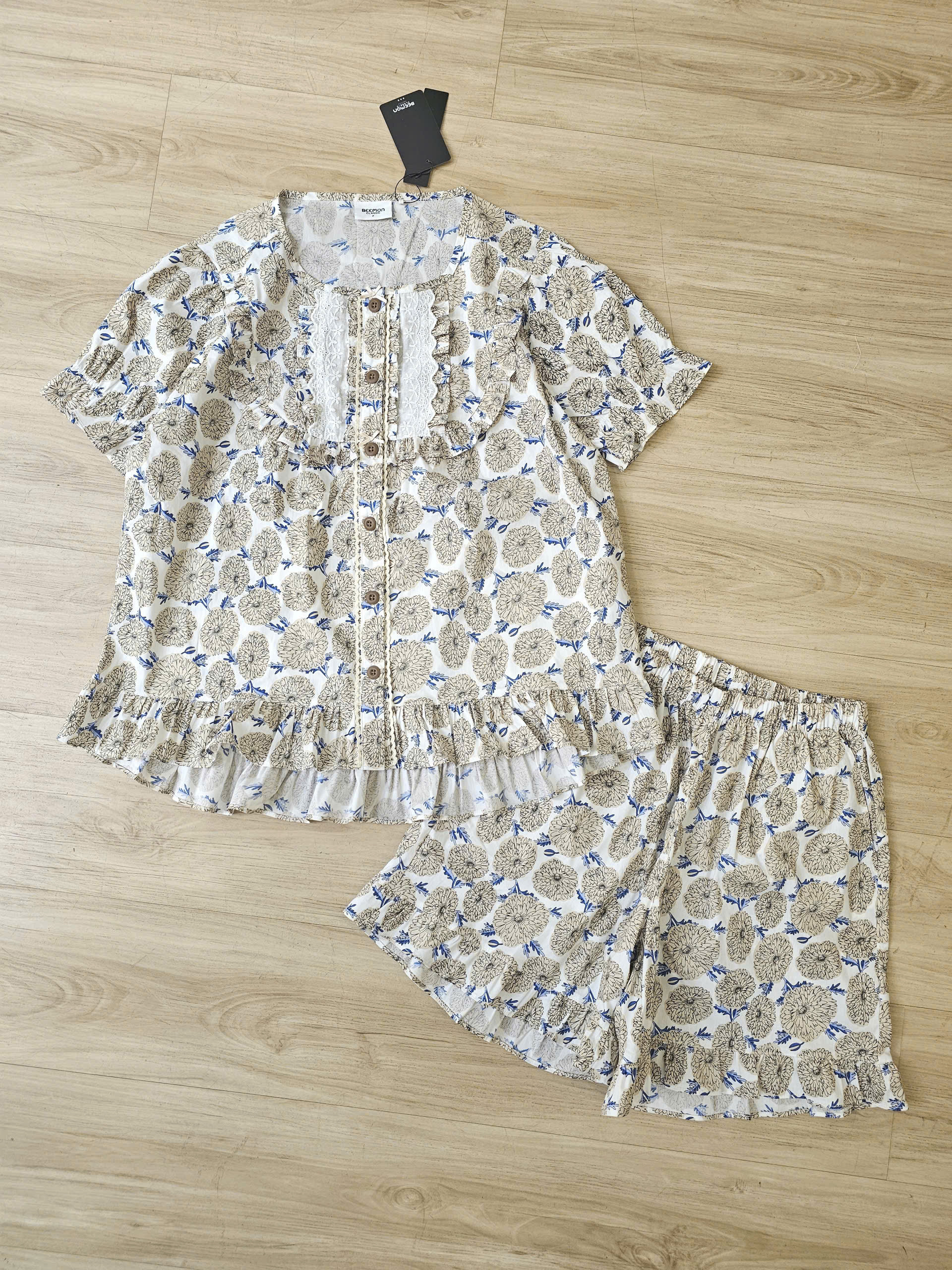 Bộ pijama đùi Beemon người lớn, chất thô cotton , viền bèo - Freesize - Be Đậm ( 48-65 kg ) dáng có độ thụng