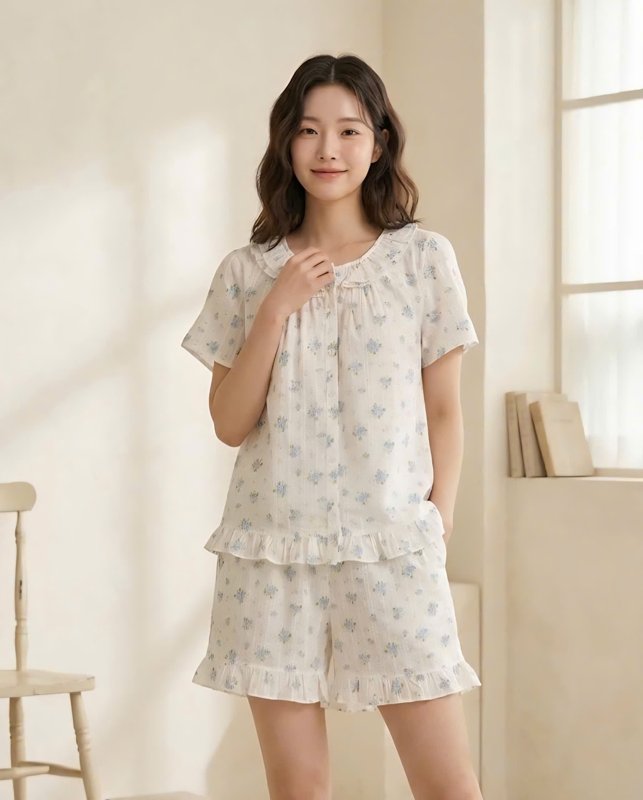 Bộ pijama thô cotton, quần cộc, họa tiết hoa nhí