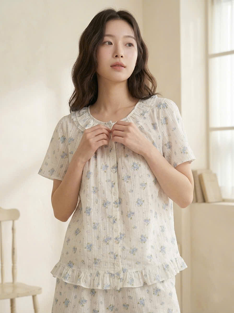 Bộ pijama thô cotton, quần cộc, họa tiết hoa nhí