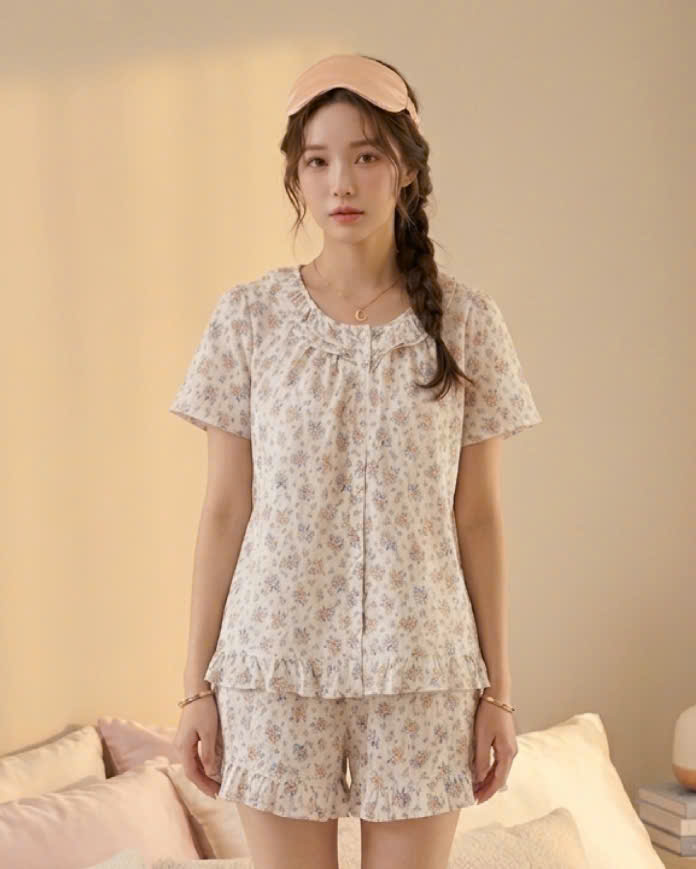Bộ pijama thô cotton, quần cộc, họa tiết hoa nhí