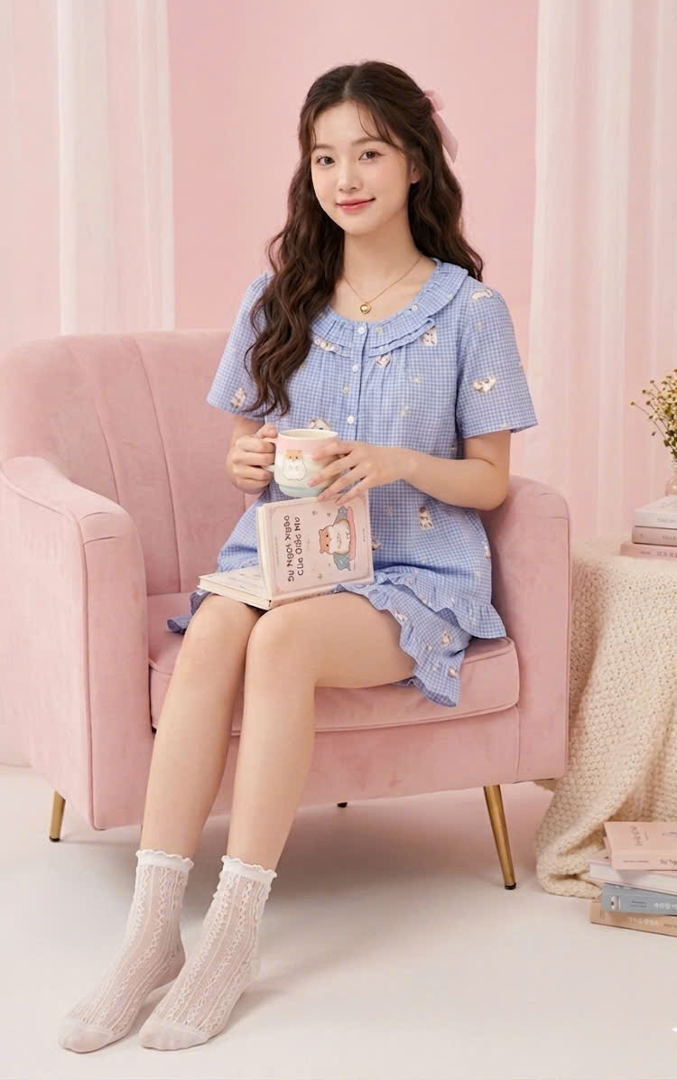 Bộ pijama thô cotton, quần cộc, họa tiết hoa nhí