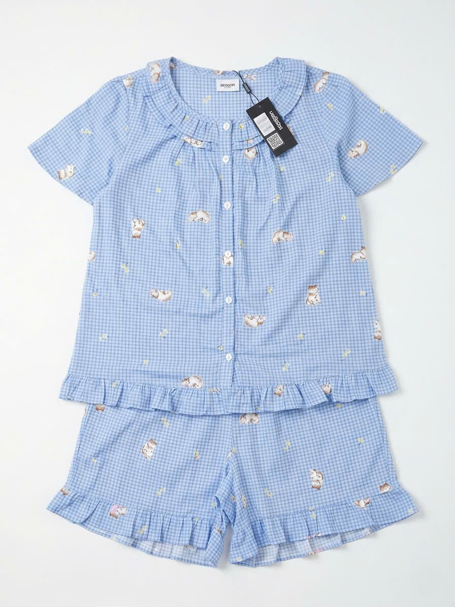 Bộ pijama thô cotton, quần cộc, họa tiết hoa nhí