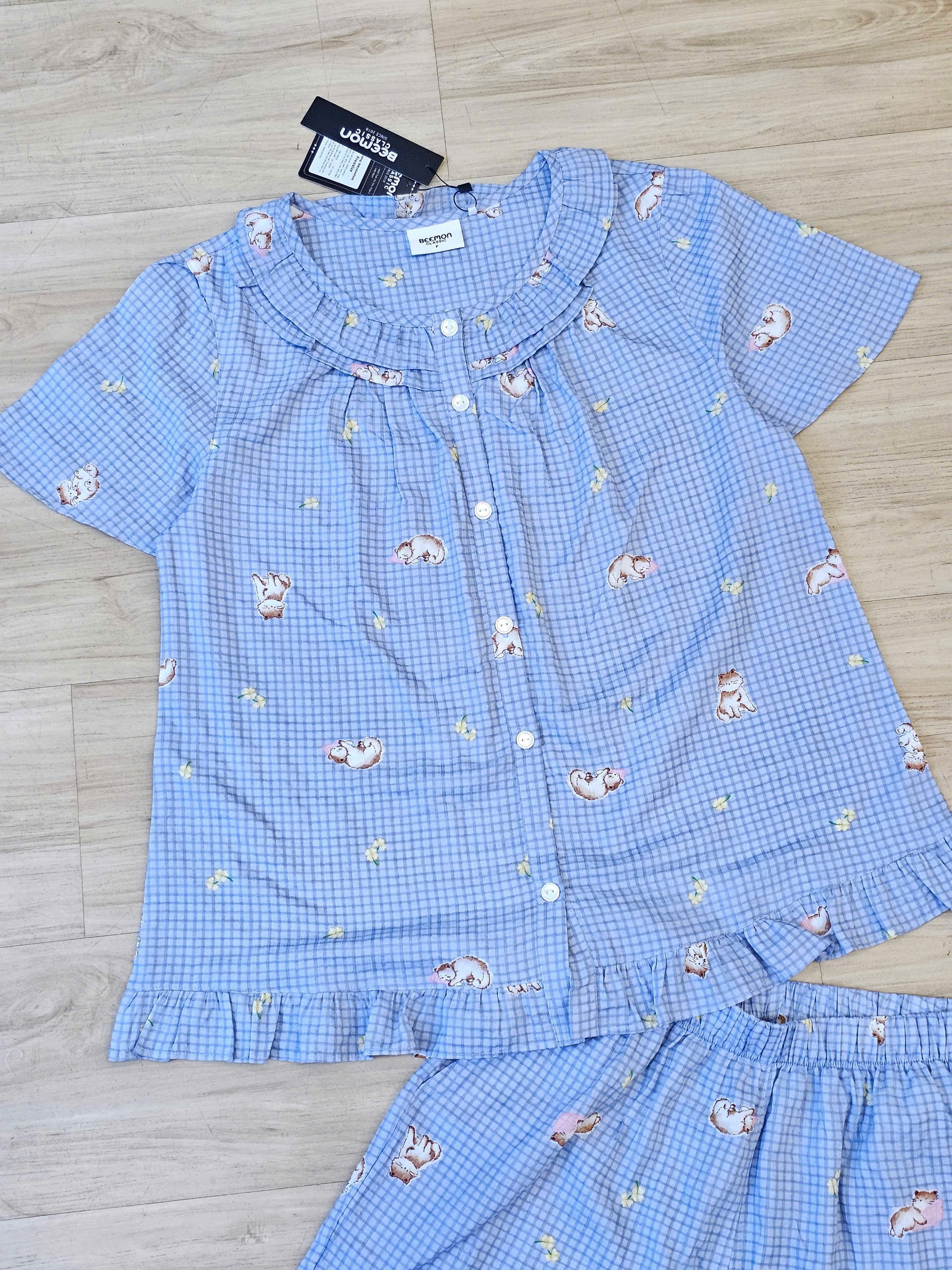 Bộ pijama thô cotton, quần cộc, họa tiết hoa nhí