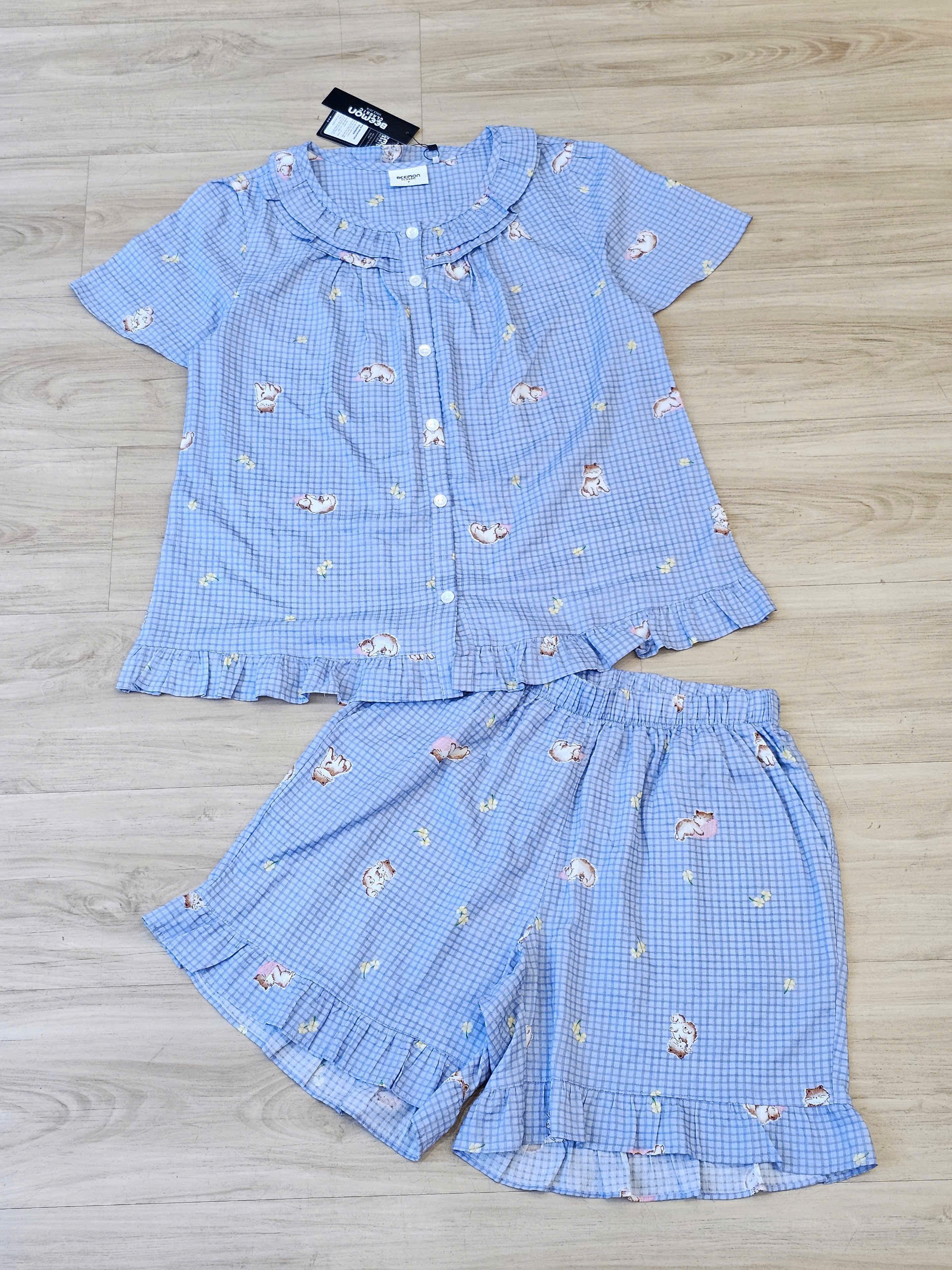 Bộ pijama thô cotton, quần cộc, họa tiết hoa nhí