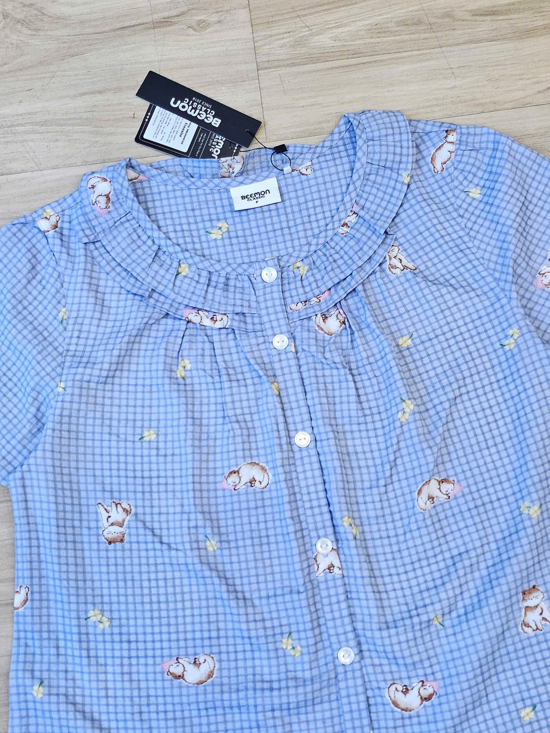 Bộ pijama thô cotton, quần cộc, họa tiết hoa nhí