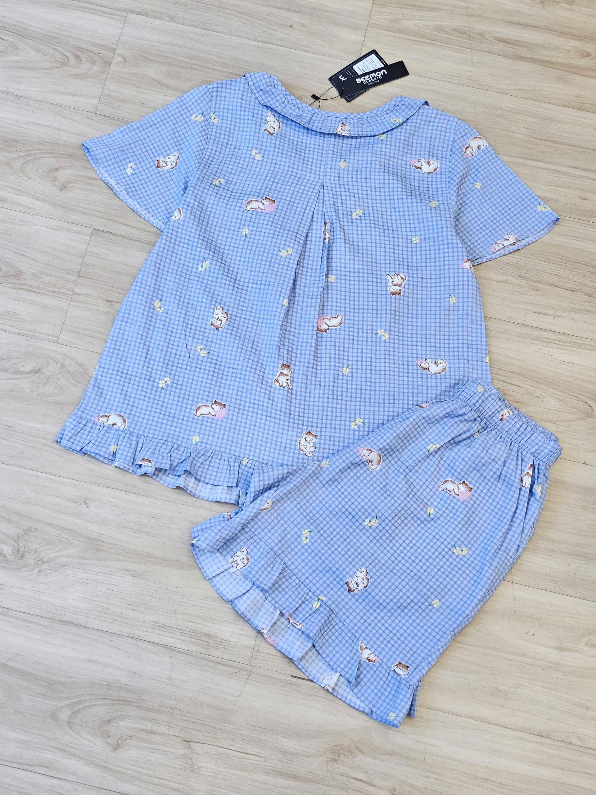 Bộ pijama thô cotton, quần cộc, họa tiết hoa nhí