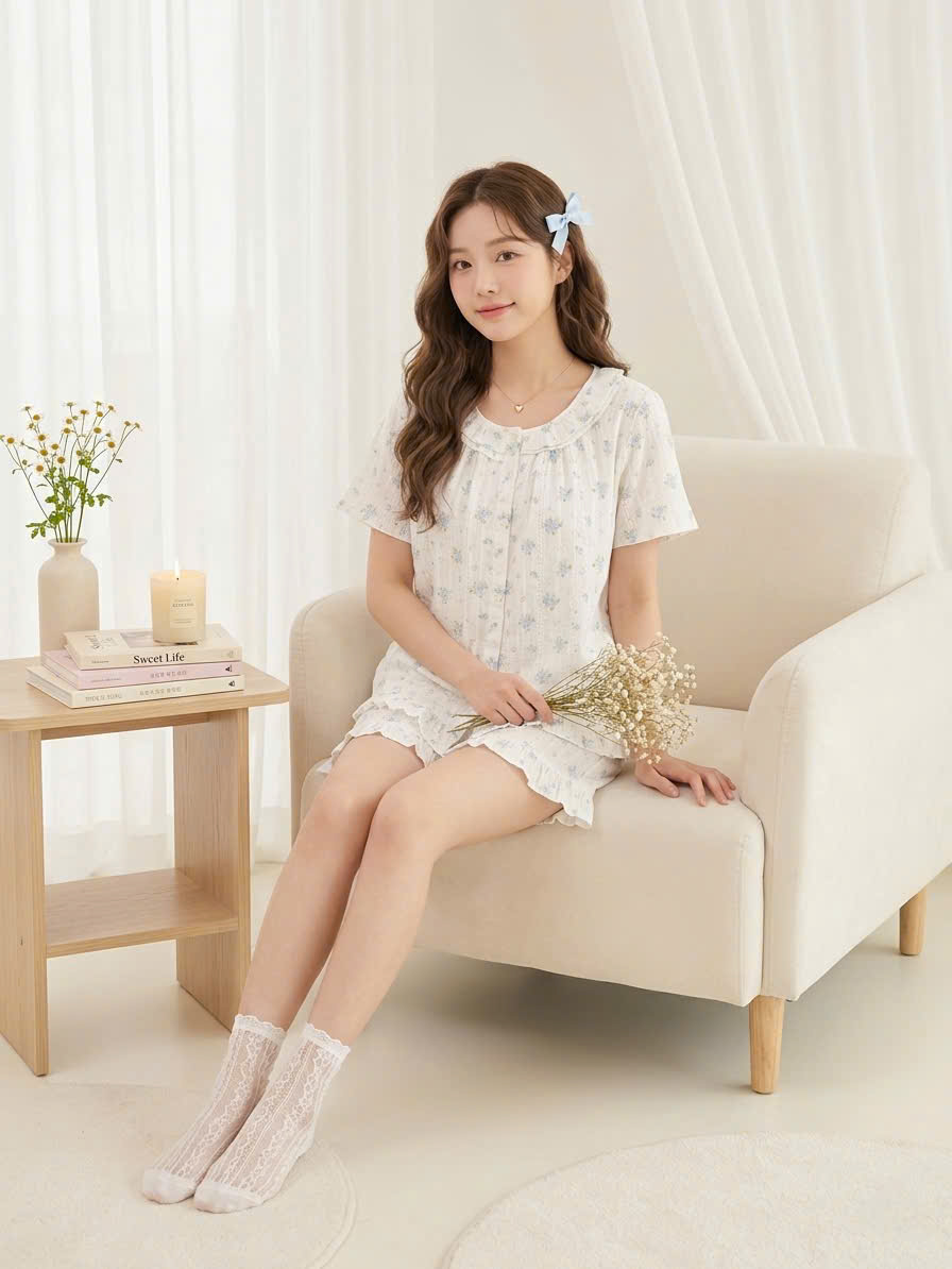 Bộ pijama thô cotton, quần cộc, họa tiết hoa nhí