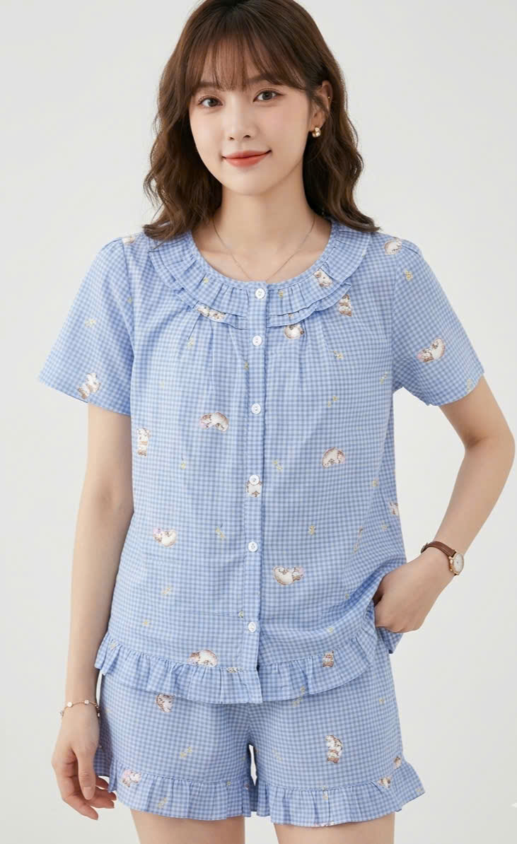 Bộ pijama thô cotton, quần cộc, họa tiết hoa nhí