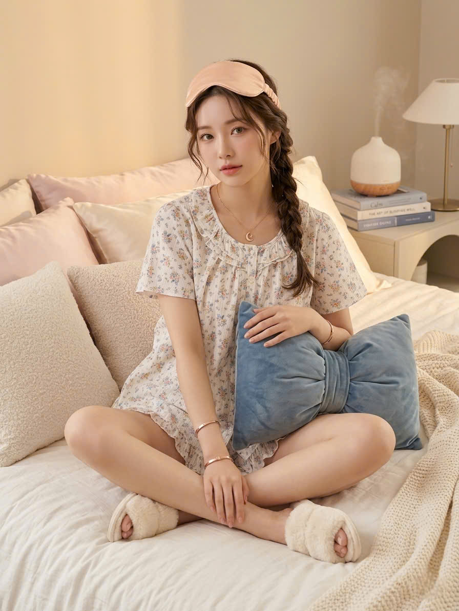 Bộ pijama thô cotton, quần cộc, họa tiết hoa nhí