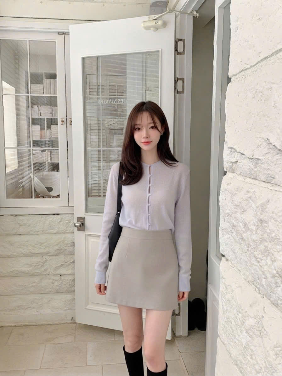 Chân váy dạ, dáng chữ A xuông, khóa kéo bên hông, cạp chun nửa đằng sau