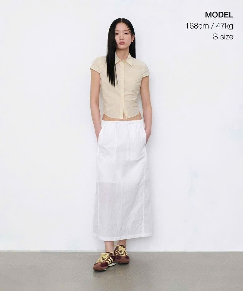 Chân váy gió, dáng dài, cạp chun, xẻ sau