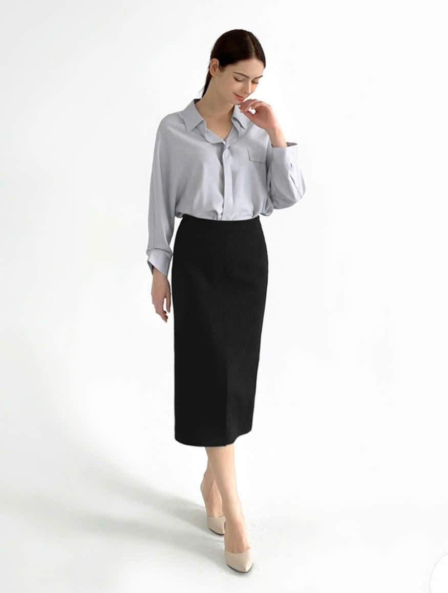 Chân váy midi chữ H, xẻ trước, cạp chun ẩn, 2 màu
