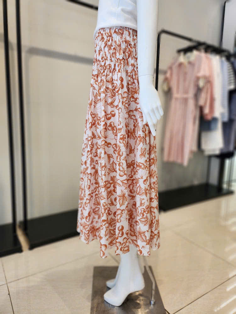 Chân váy midi dài xòe, họa tiết cherry