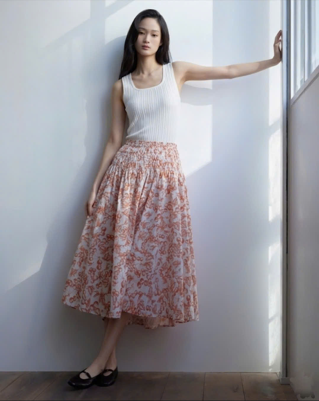 Chân váy midi dài xòe, họa tiết cherry