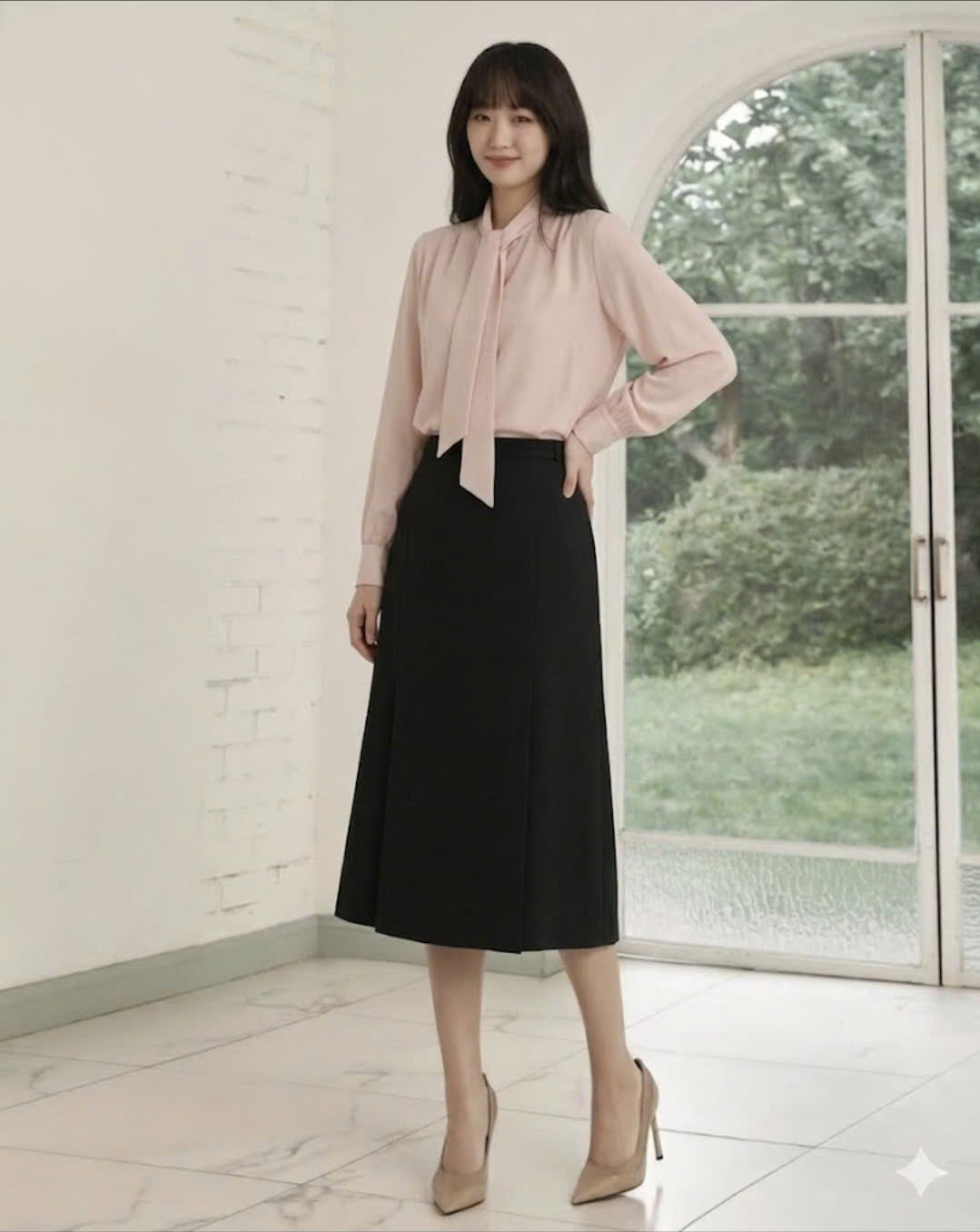 Chân váy midi dáng A, xẻ lệch, cạp may đai liền