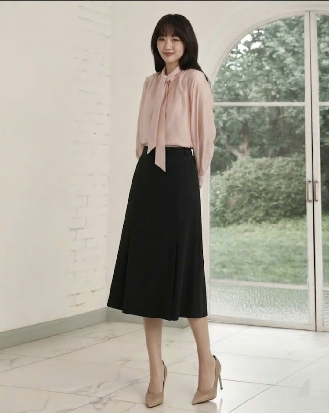 Chân váy midi dáng A, xẻ lệch, cạp may đai liền
