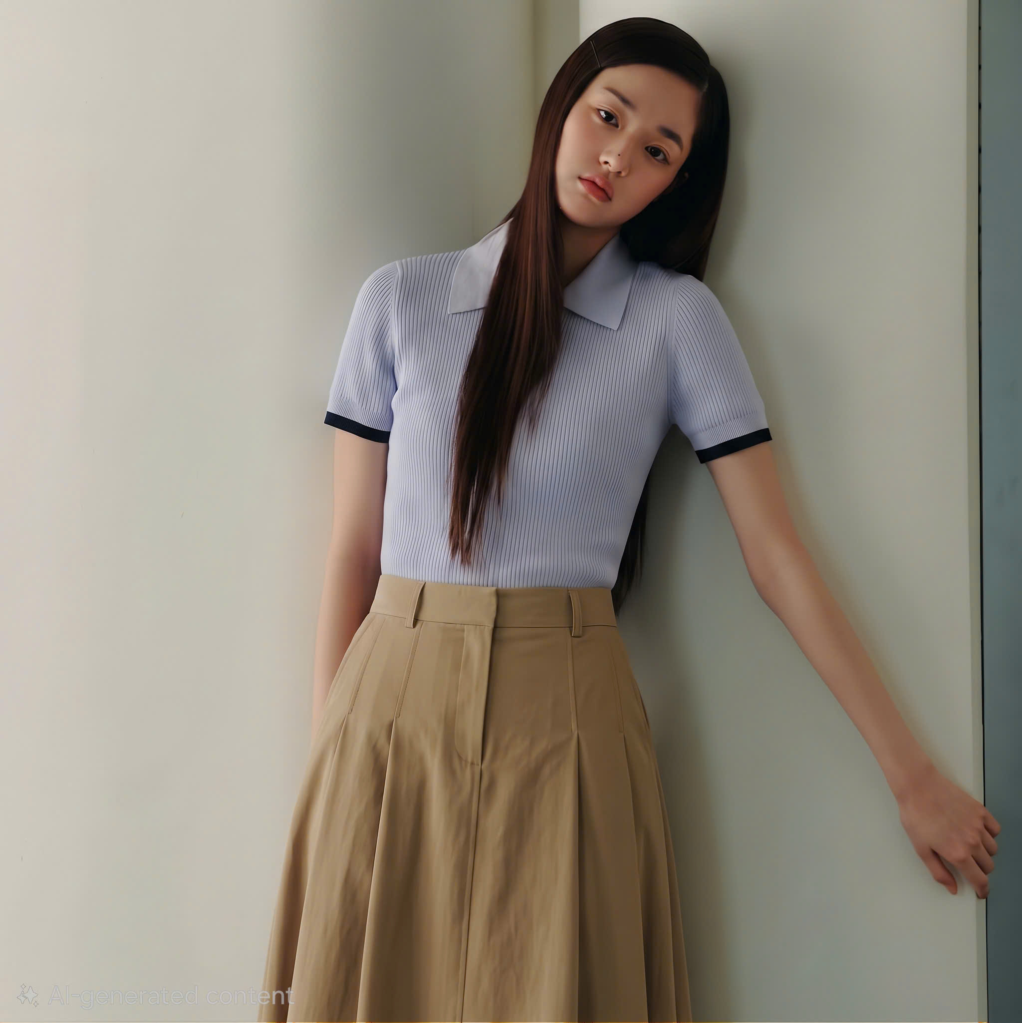 Chân váy midi dáng dài xòe xếp li, 2 túi xẻ lệch trước