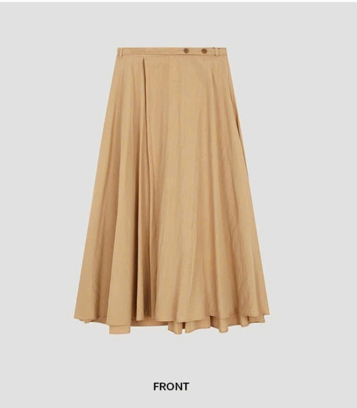 Chân váy midi, vải lụa rayon, dáng xòe, đính cúc hông, dây đai eo