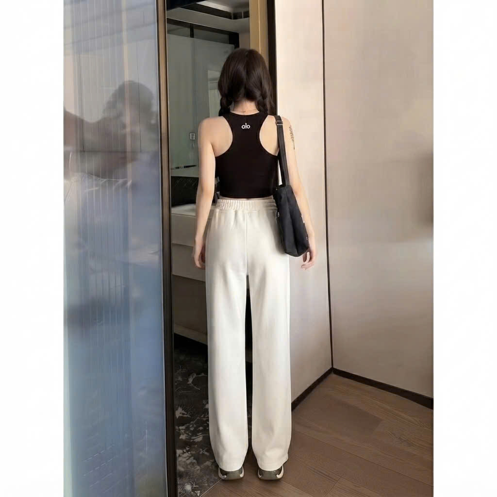 Quần ống suông chất Umi, cạp chun có dây rút, miệng túi vuông