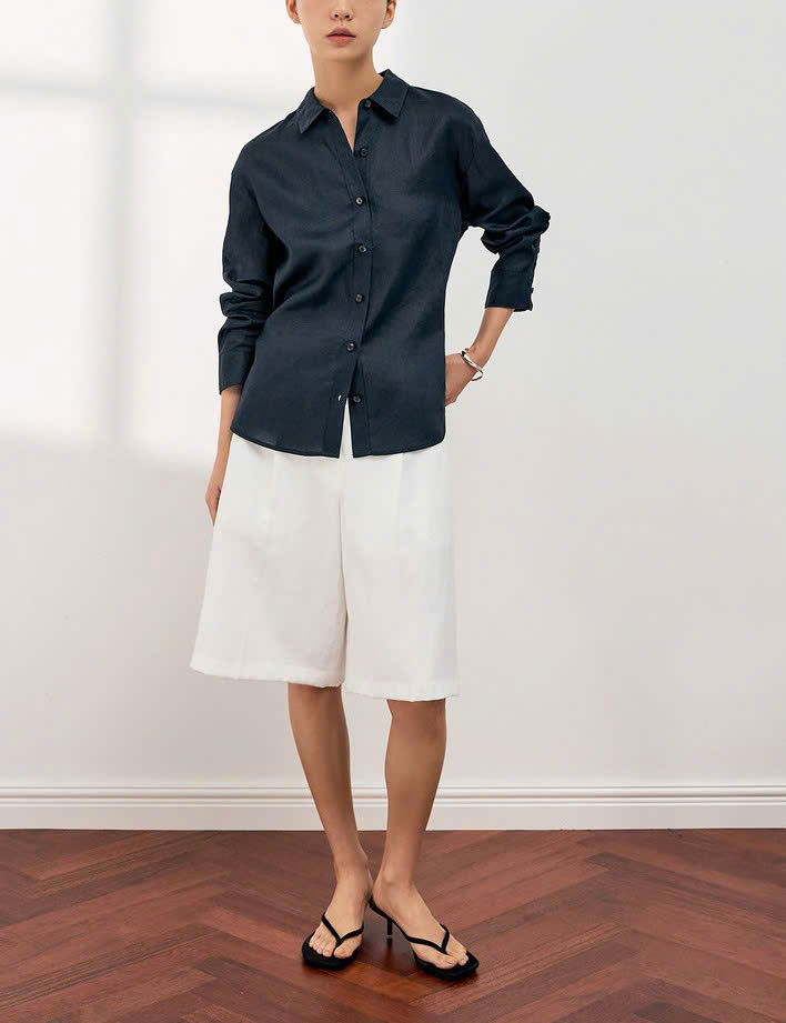 Quần short dài pha rayon, xếp ly, 2 túi chéo