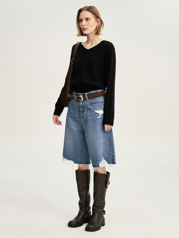 Quần short jean tua gấu