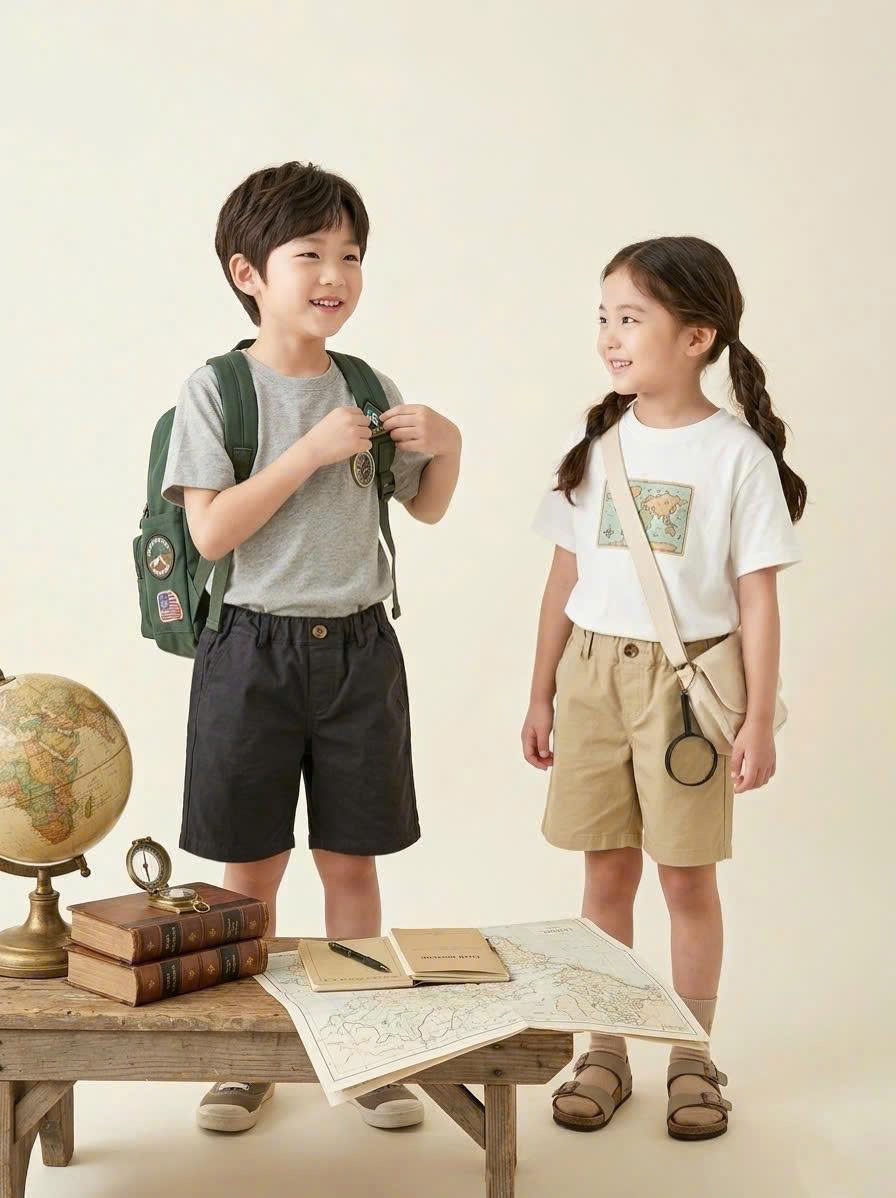 Quần short kaki beemon trẻ em cạp chun thêu sóc, 2 màu