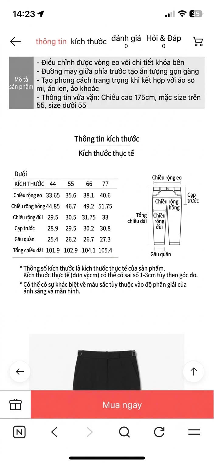 Quần suông đứng, cạp cúc dài, dính khuy sắt 2 bên hông